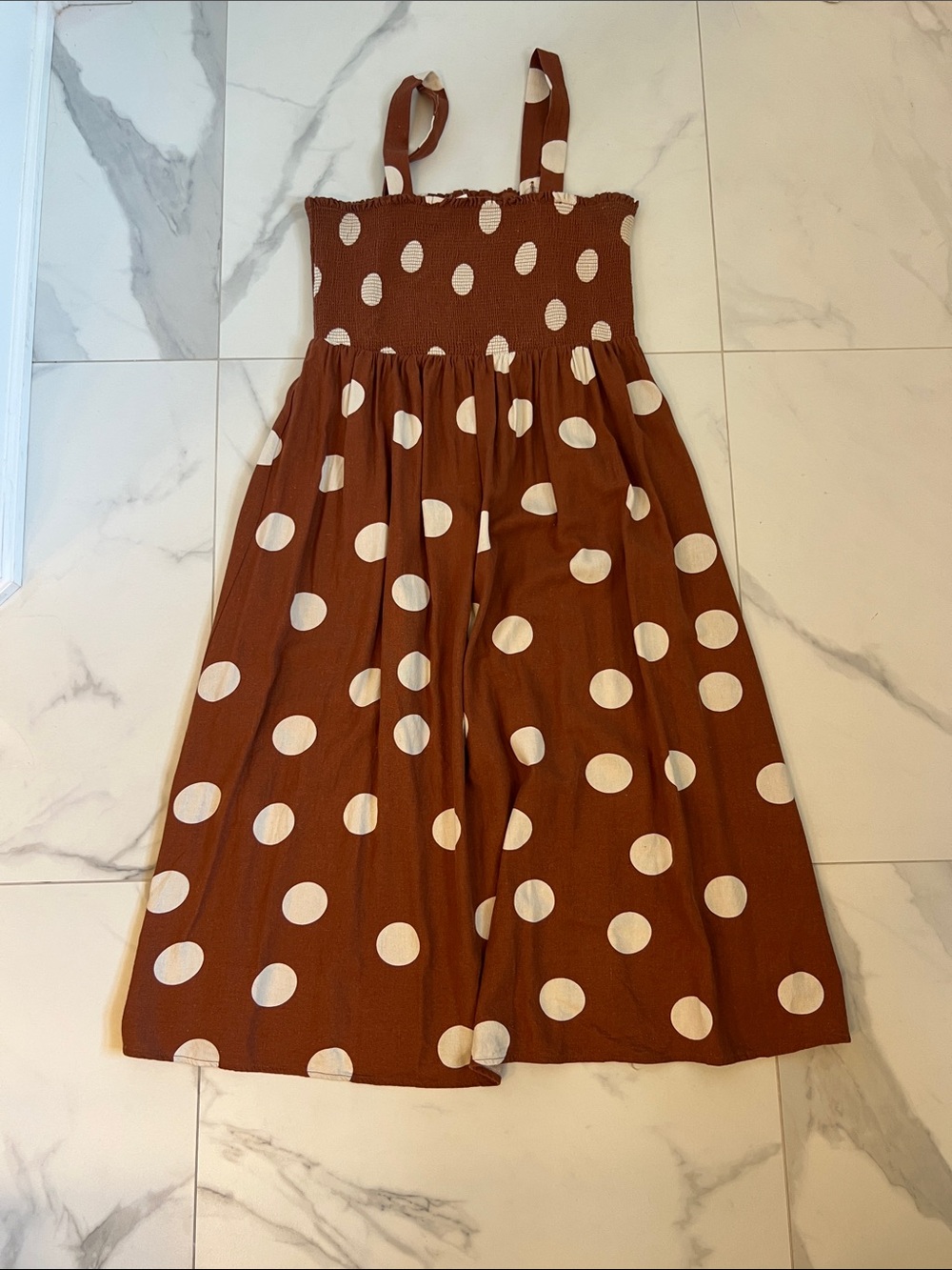 Red Dress Boutique Brown Midi Polka Dot Sundress with Cream Dots